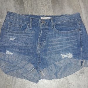 Light blue high waisted shorts.